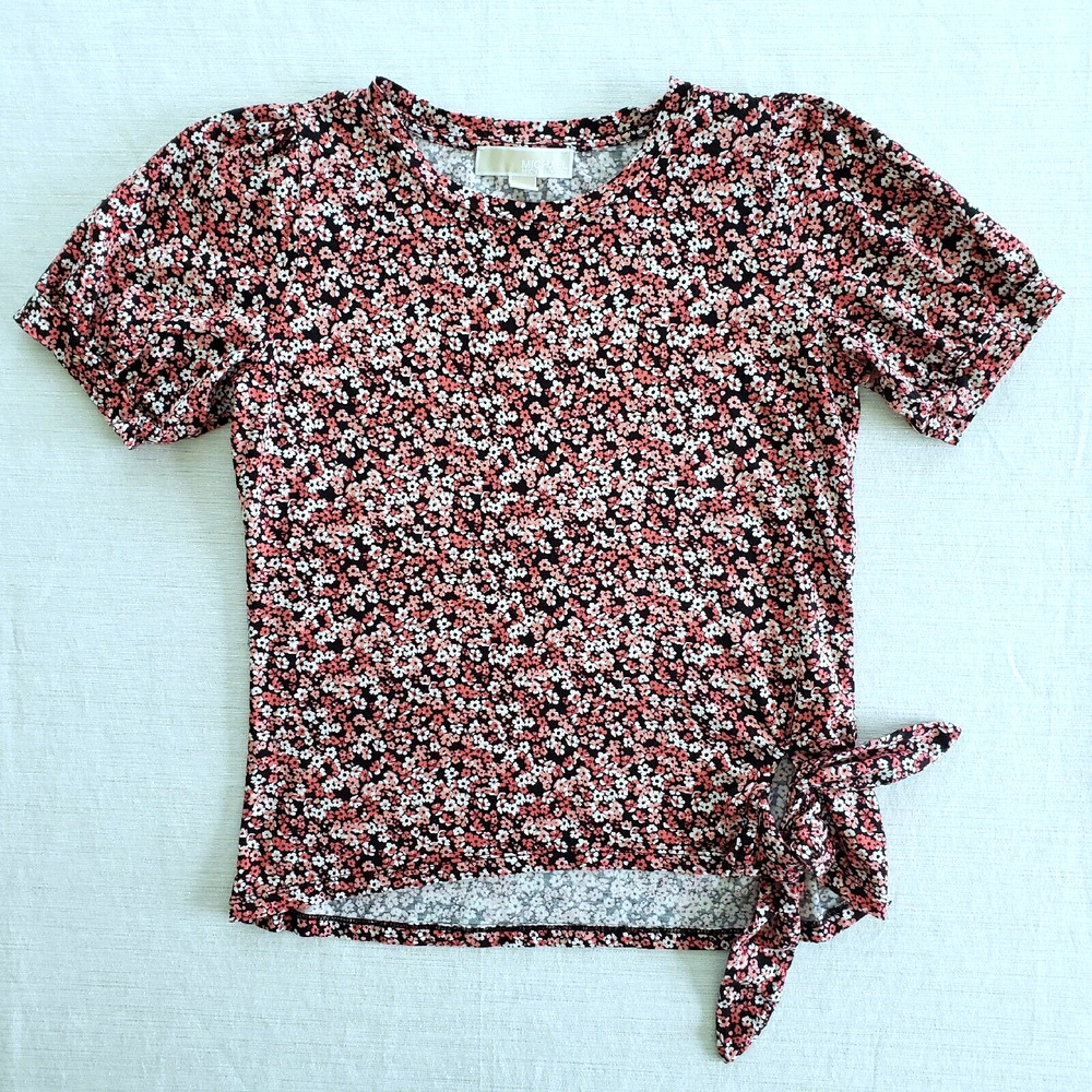 Michael Kors Top Womens M Pink Floral Tie Waist Cottagecore Kawaii Casual Twee